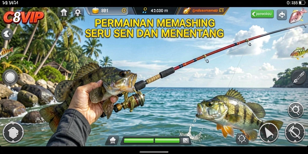 Screenshot menunjukkan aksi memancing yang seru dalam C8VIP.