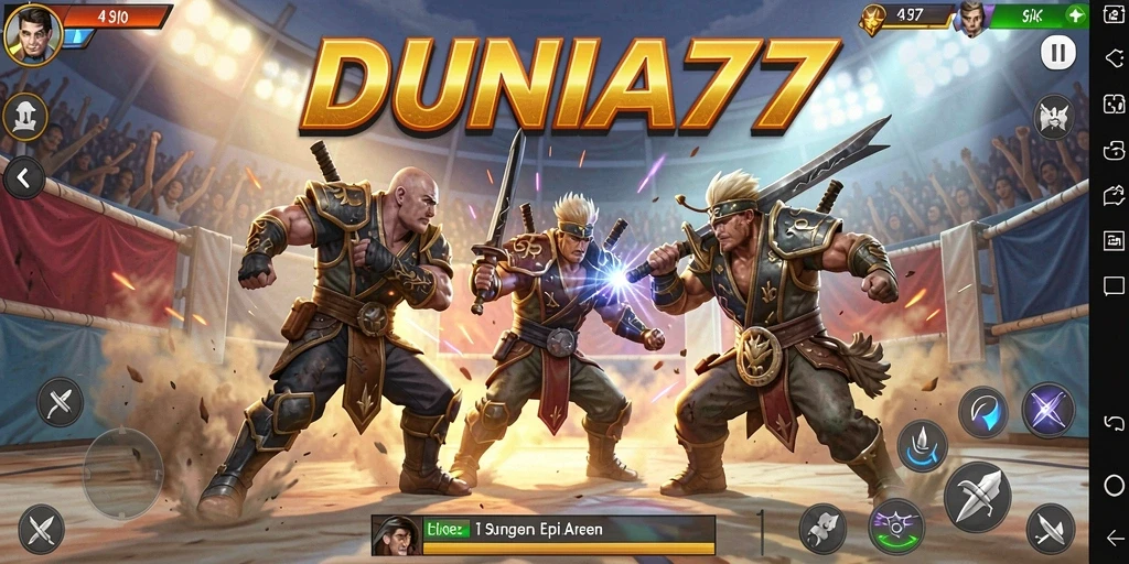Screenshot gameplay DUNIA77 menampilkan aksi pertarungan yang seru.
