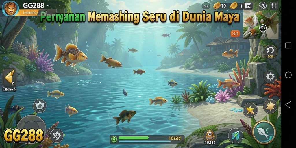 Screenshot GG288 menampilkan pemain yang sedang memancing di danau yang indah.