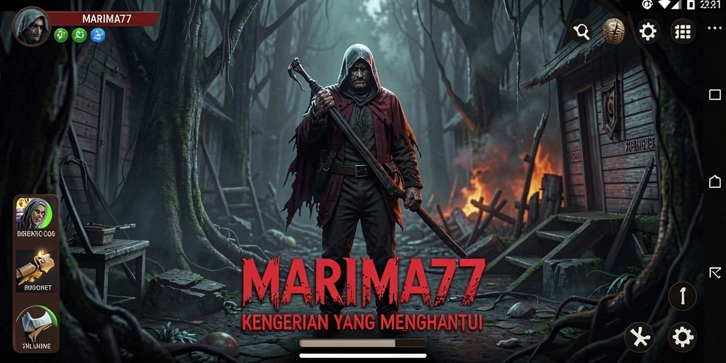 Screenshot gameplay MARIMA77 menampilkan atmosfer horor yang mencekam.