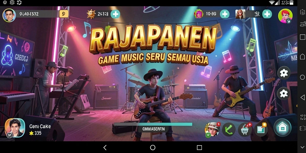 Tampilan gameplay RAJAPANEN dengan berbagai not musik yang berwarna.