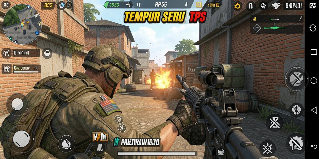 Tangkapan layar gameplay RP55 dengan aksi tembak-tembakan seru.