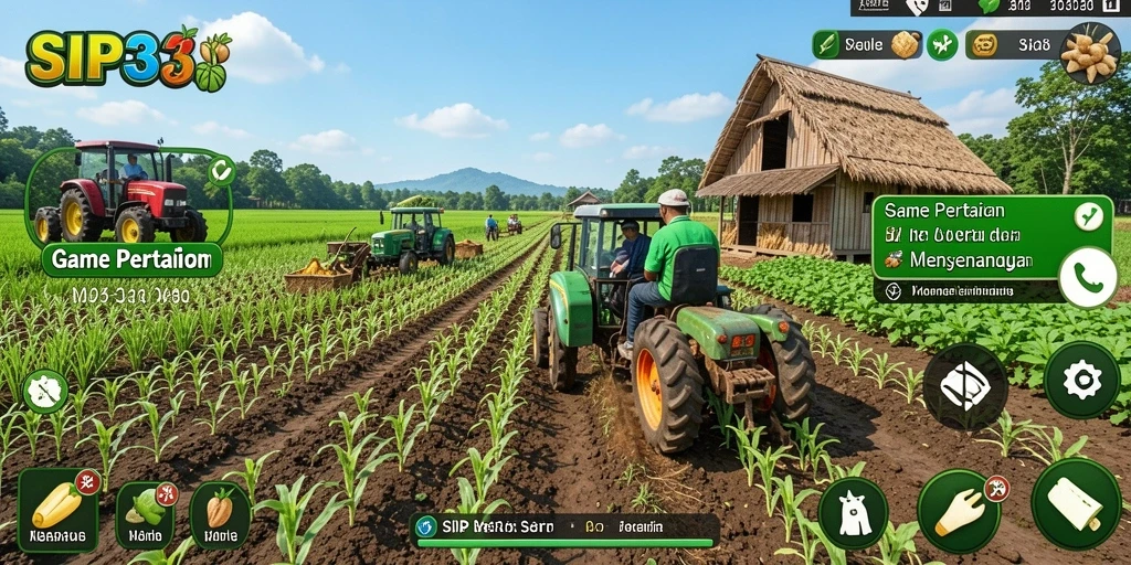 Tampilan gameplay SIP33 dengan ladang yang subur dan hewan ternak.