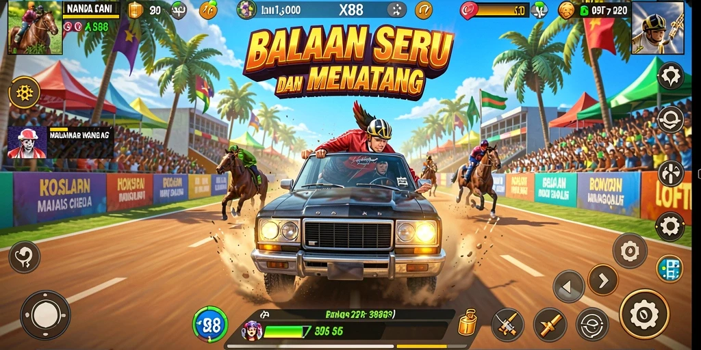 Tampilan gameplay balapan mendebarkan di X88 dengan mobil berkecepatan tinggi.